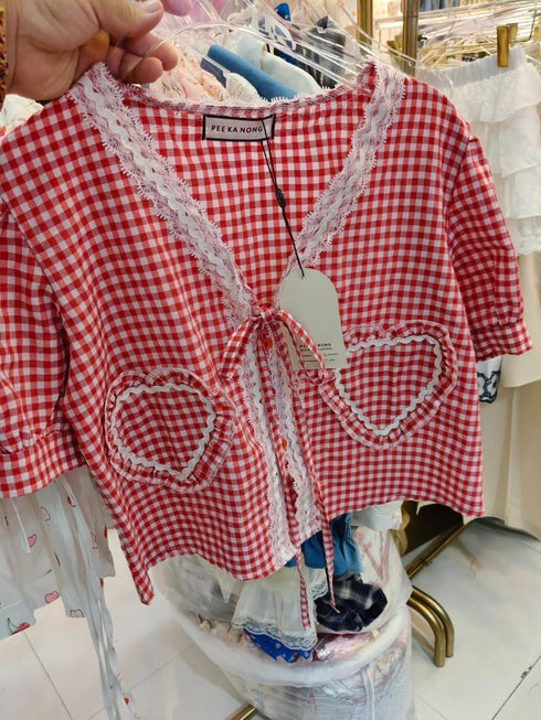 Summer Gingham Cute Crop Lace Detail Tops